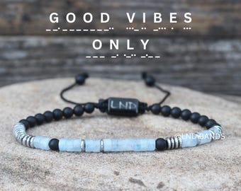 Morse Code GOOD VIBES ONLY Bracelet: Onyx, Aquamarine, Gift with meaning