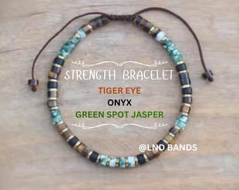 Tiger Eye Green Spot Jasper Onyx 2x4mm STRENGTH Adjustable Bracelet, Tibetan Natural Yoga Boho Ethnic Men gift, courage