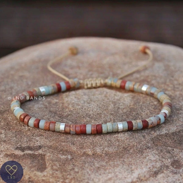 ShouShan Jasper Dainty Adjustable bracelet, Boho Yoga  Ethnic Tibetan Style, Birthday gift, Minimalist 2x4mm bracelet, summer gift, birthday