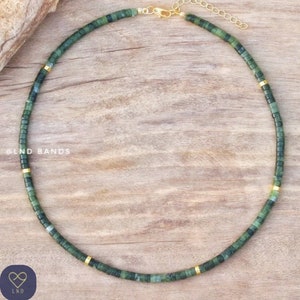 Olive Jade Bead 2x4mm Necklace , Minimalist Bohemian Necklace, Natural Stone Necklace, Dainty Necklace, Tibetan gemstone, Balancing stone 画像 1
