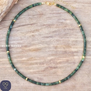 Olive Jade Bead Necklace - Minimalist Bohemian Gemstone