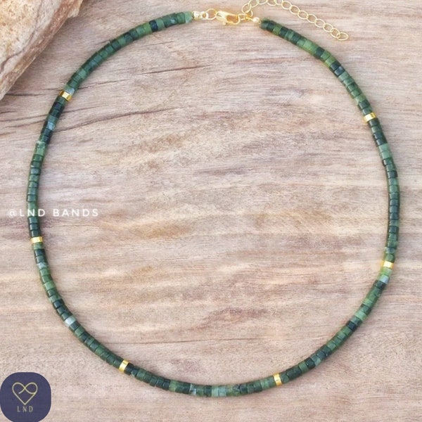 Olive Jade Bead 2x4mm Necklace , Minimalist Bohemian Necklace, Natural Stone Necklace, Dainty Necklace, Tibetan gemstone, Balancing stone