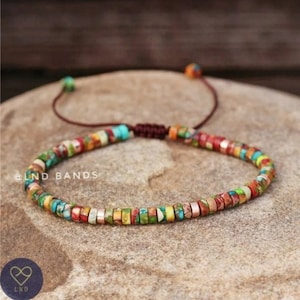 Bracelet en perles de jaspe coloré, réglable minimaliste, perles en pierre naturelle de 2 x 4 mm, bracelet délicat, bracelet tibétain, cadeau unisexe