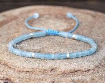 Aquamarine 2x4mm Beaded Bracelet - Adjustable Bohemian Dainty March Birthstone, Boho, Ethnic, Yoga, Tibetan Bracelet