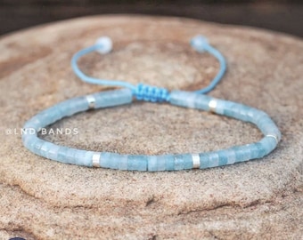 Aquamarine Dainty 2x4mm Beaded Adjustable Bracelet, Minimalist Bohemian Bracelet, Natural Stone Bracelet, Tibetan gemstone, March Birthstone