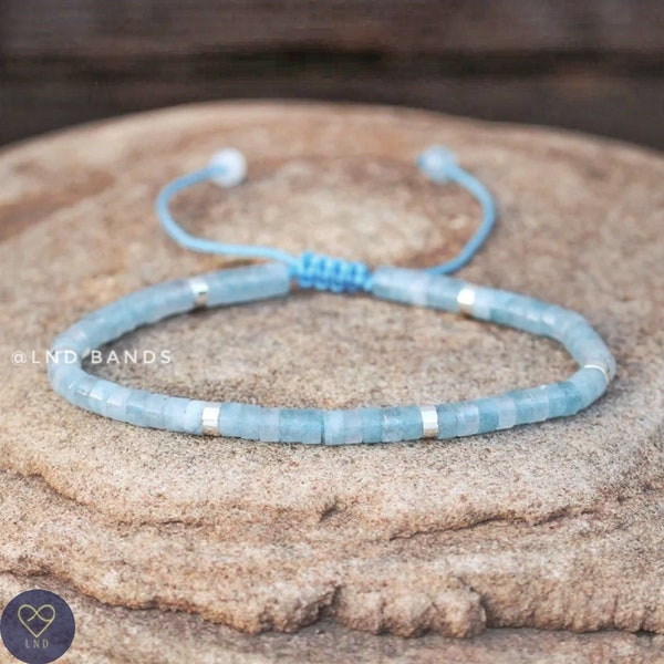 Aquamarine  Dainty Beaded Bracelet, Adjustable 4mm, Minimalist Bohemian Bracelet, Natural Stone Bracelet, Tibetan gemstone, March Birthstone