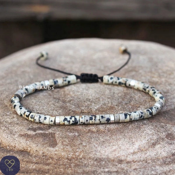 Dalmatian Jasper Bracelet, Adjustable 2x4 mm Beaded Bracelet, Minimalist Bracelet, Natural Stone Bracelet, Yoga Ethnic Boho style