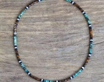 African Turquoise with Tiger Eye Minimalist Necklace, 4mm Beaded Necklace, Tibetan Necklace, Yoga, gift for him and her, Natural Gemstone