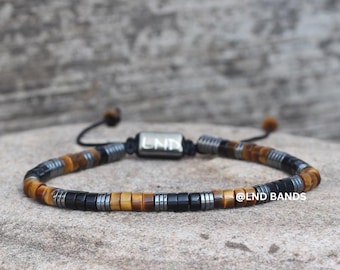 Tiger Eye Onyx & Hematite Bead Adjustable Bracelet: Yoga, Boho, Gift for him, Protection, strength