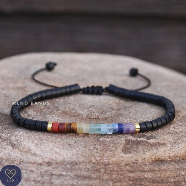 7 Chakra Bracelet with Black Stone, Meditation Bracelet, Bohemian Bracelet, Yoga Bracelet, Gemstone, Balance, power, protection, healing