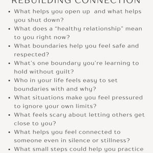 May include: A cream-colored graphic with the title "REBUILDING CONNECTION" and a list of questions about relationships and boundaries. The questions are in a simple, easy-to-read font.