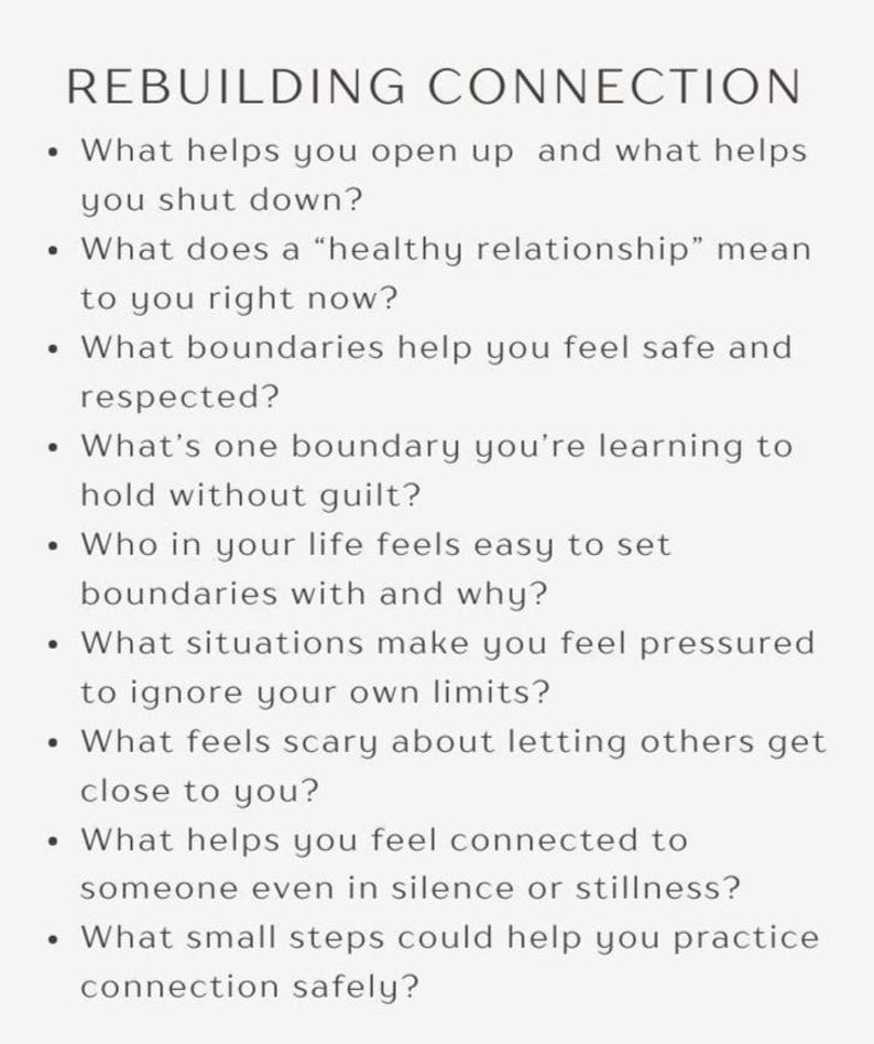 May include: A cream-colored graphic with the title "REBUILDING CONNECTION" and a list of questions about relationships and boundaries. The questions are in a simple, easy-to-read font.