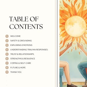 May include: A page with the title "TABLE OF CONTENTS" and a list of topics including "WELCOME", "SAFETY & GROUNDING", and "EXPLORING EMOTIONS". An illustration of a sun and two people is on the right side of the page. The Therapy Hub logo is at the bottom.
