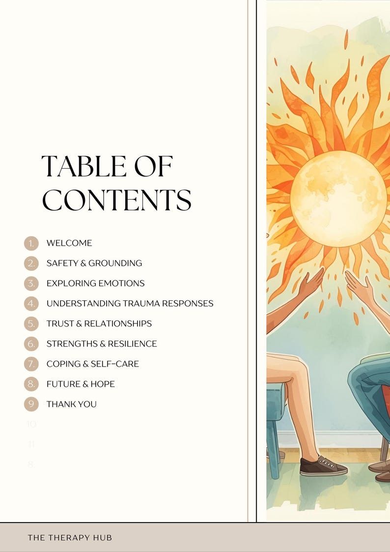 May include: A page with the title "TABLE OF CONTENTS" and a list of topics including "WELCOME", "SAFETY & GROUNDING", and "EXPLORING EMOTIONS". An illustration of a sun and two people is on the right side of the page. The Therapy Hub logo is at the bottom.