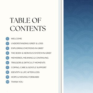 May include: A page with a "Table of Contents" for a guide on grief and loss. The headings include "Welcome", "Understanding Grief & Loss", and "Exploring Emotions in Grief". The background has a blue gradient design.