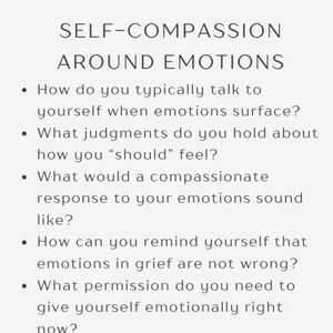 May include: A cream-colored graphic with the title "SELF-COMPASSION AROUND EMOTIONS" and bullet points with questions about self-talk and emotional responses. The text is in a simple, sans-serif font.