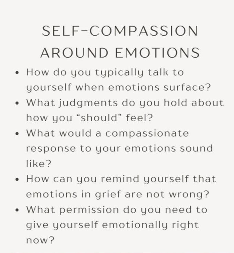 May include: A cream-colored graphic with the title "SELF-COMPASSION AROUND EMOTIONS" and bullet points with questions about self-talk and emotional responses. The text is in a simple, sans-serif font.