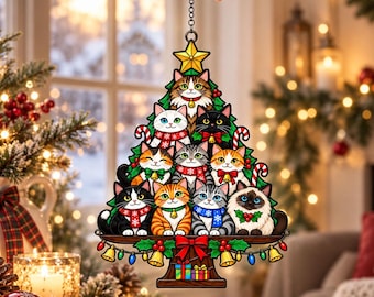 Cat Christmas Tree Acrylic Suncatcher, Christmas Tree Made of Cats Acrylic Suncatcher, Christmas Home Decor Cat Art, Gift for Cat Lovers