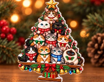Cat Christmas Tree 3D Acrylic, Christmas Tree Made of Cats Acrylic Suncatcher, Christmas Home Decor Cat Art, Gift for Cat Lovers
