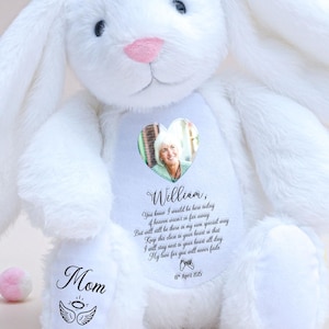 Personalized Memorial Wedding Bunny, Gift for bride groom, Photo of passed away family members, Remembrance Loving Memory Mum Dad.
