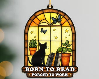 Black Cat Reading Suncatcher: Book Lover Window Decor