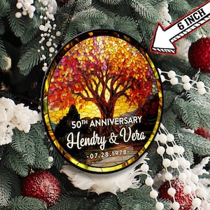 Stained Glass Anniversary Ornament, 50th Wedding Gift Personalized with Name & Date, Golden Anniversary Christmas Tree Decoration.