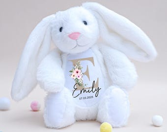 Personalized Bunny Gift with Name and Date – Custom Stuffed Animal for Baby Girl, Floral Monogram Plush Toy, Newborn Keepsake, Birth Gift.