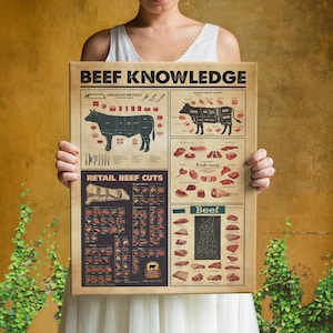 May include: A vintage-style poster with the title "Beef Knowledge" and illustrations of different cuts of beef. The poster includes diagrams of the American method cuts of beef, Angus beef chart, fresh meat cuts, and retail beef cuts.