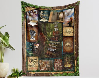 Girl and Library Fleece Blanket: Gift for Book Lovers