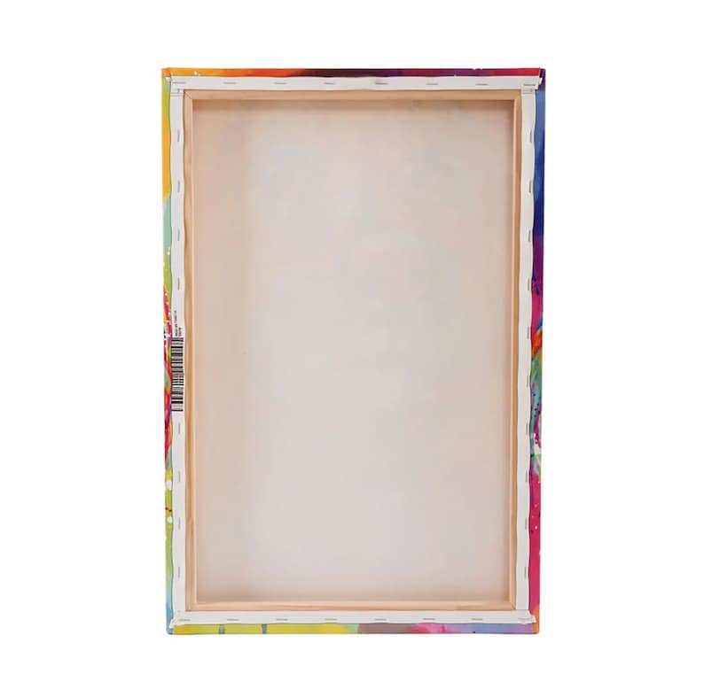 May include: A blank canvas stretched over a wooden frame. The frame is surrounded by a colorful border with abstract paint splatters in shades of pink, yellow, blue, green, and orange.