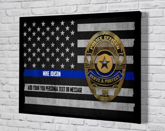 Personalized Police Officer Thin Blue Line Flag Canvas: Custom Name & Badge