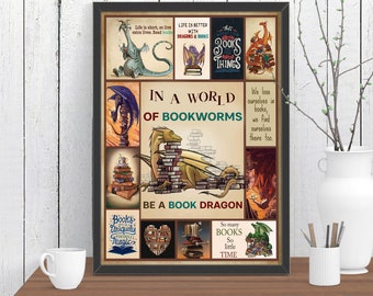 Bookworms Dragon Poster, Book and Dragon Canvas, Dragon Print, Girl loves Book Gift, Office Decor, Bookworms Dragon Canvas, Library Decor