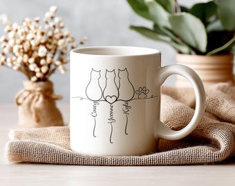 Personalized Cat Line Art Mug, Custom Pet Name Coffee Cup