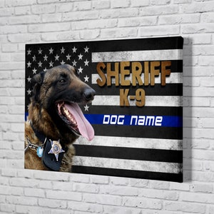 Personalized Police Dog Canvas, Custom Name Photo Police Dog Poster, The Thin Blue Line Flag, K9 Police Officer Gift, Police Dog K9.