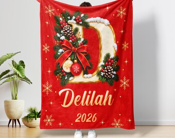 Personalized Christmas Blanket Custom Name Initial Letter Blanket Family Holiday Gift Cozy Fleece Throw Blanket Xmas Decor Winter Gifts