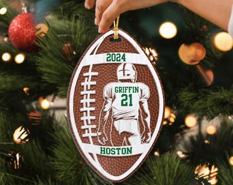 Personalized Football Player Wood Ornament: Custom Name & Number