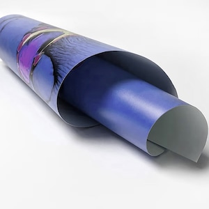 May include: A rolled up poster with a blue background and a colorful abstract design. The poster is rolled up and the edges are visible.