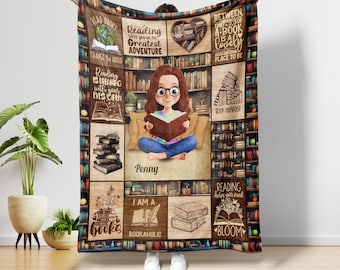 Personalized Book Lover Blanket, Custom Reading Blanket with Name, Gift for Avid Readers Women -  Cozy Library Throw, Bookworm Gift Club.