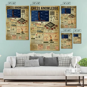 May include: A vintage-style poster with the title "Chess Knowledge" and a detailed infographic about the history of chess, chess facts, and how chess helps your brain. The poster is available in various sizes, including 24x36 inches, 32x48 inches, 16x24 inches, 12x18 inches, and 8x12 inches.