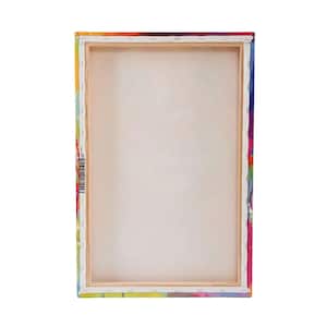 May include: A blank canvas stretched over a wooden frame. The frame is surrounded by a colorful, abstract design.