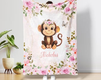 Personalized Baby Girl Blanket: Floral Woodland Monkey Name Blanket