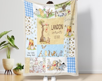 Personalized Winnie the Pooh Baby Blanket – Custom Name Birth Year Quilt – Our Little Honey Bear Blanket – Newborn Gift – Nursery Keepsake.