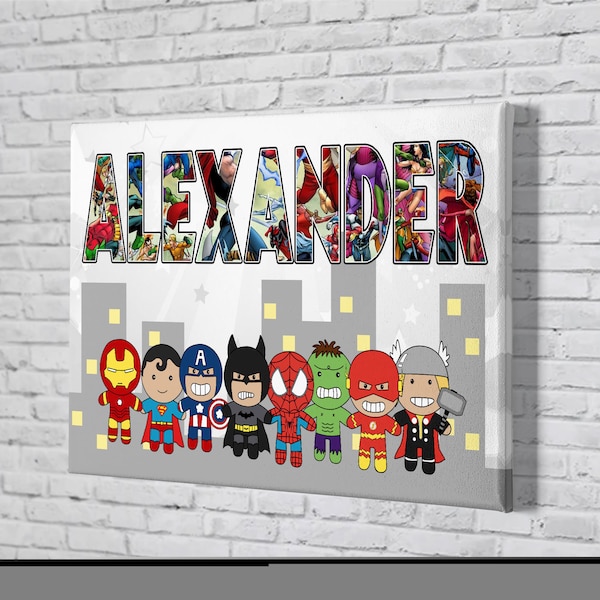 Personalized Cute Super Hero Canvas, Custom Poster With Name, Super Hero's Lover Gift, Gift For Baby Boy.