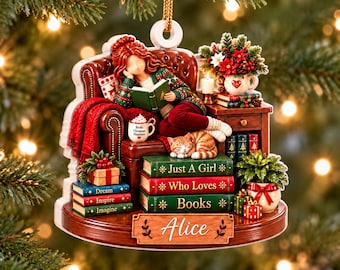 Personalized Girl Reading Book Christmas Ornament, Bookworm Keepsake, Book Lover Christmas Ornament, Girl Christmas Gift, Gift for Readers