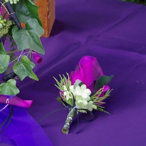 lapel, pin, wedding 2024, flower for groom, corsage, boutonnier, purple black