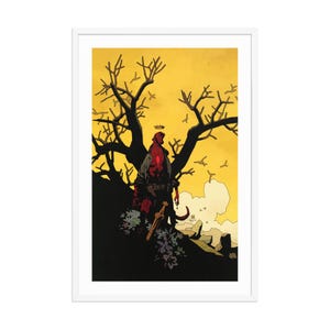Puede incluir: Impresión artística enmarcada que presenta un personaje de piel roja con cuernos y una corona, frente a un árbol. La obra de arte tiene un esquema de color amarillo y negro, con una espada y flores.