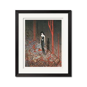 Op de afbeelding: Een zwart-witte illustratie van een vrouw in een zwarte jurk die door een rood-wit bos loopt. De vrouw heeft lang zwart haar en draagt een zwarte choker. Het bos bestaat uit hoge, dunne bomen met rode takken en witte stammen.