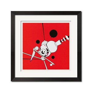 May include: A white robot with a single large eye and a bloody knife, set against a red background with black circles and white clouds.