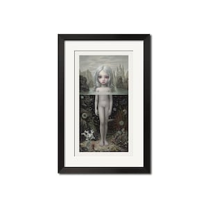 May include: A framed print of a digital painting depicting a young girl with white hair standing in water. The girl is surrounded by underwater plants and sea life. The painting is in a black frame.