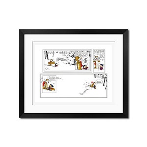 May include: A black and white comic strip featuring Calvin and Hobbes. The comic strip shows Calvin and Hobbes in a snowy forest. The text in the comic strip reads "It's a magical world, Calvin! I really treasured last winter's snow. The merely extraordinary, the truly unforgettable, the totally unanticipated..."